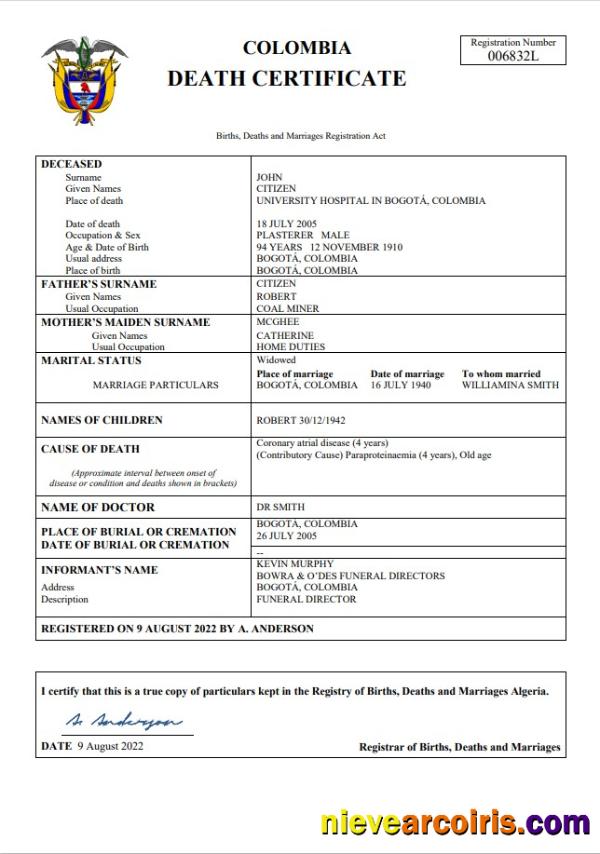Colombia death certificate